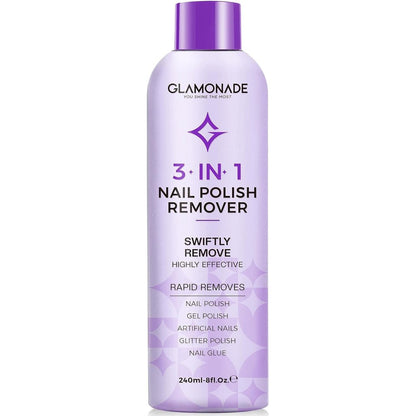 Glamonade acetone gel nail polish remover 8 fluid ounce bottle front view highlighting the grape seed oil blend