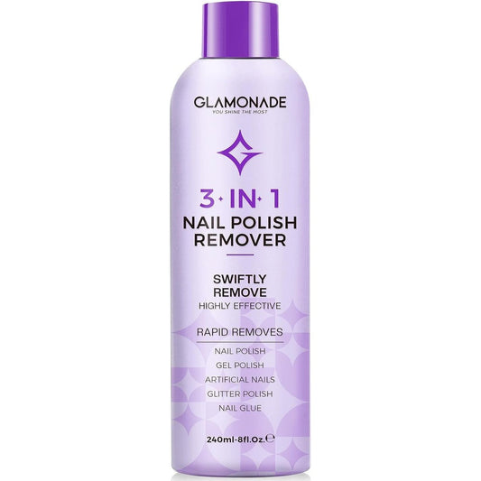 Glamonade acetone gel nail polish remover 8 fluid ounce bottle front view highlighting the grape seed oil blend