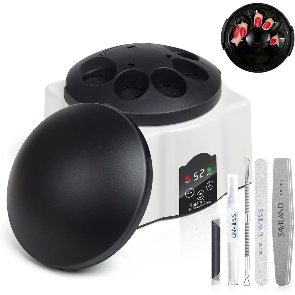 Saviland electric nail soaking bowl front view showing sleek white body and black lid