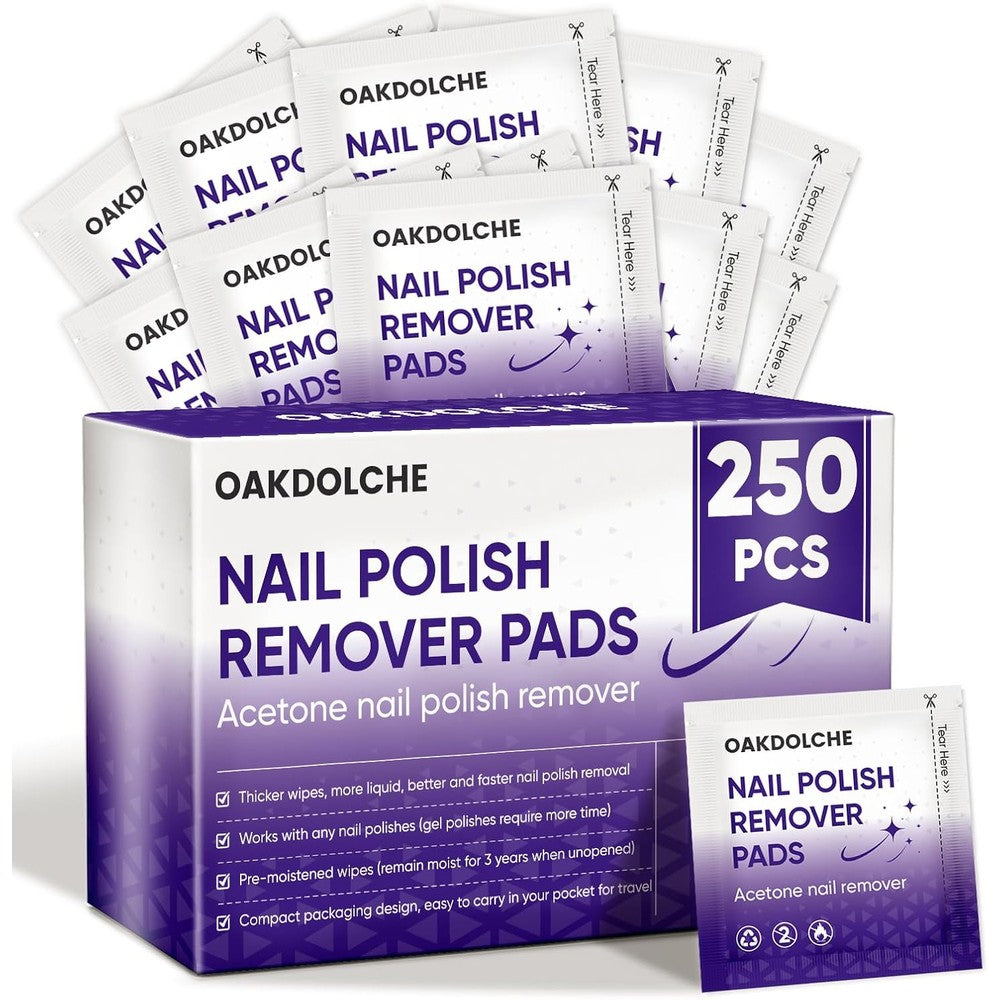 Oakdolche 250 pack acetone nail polish remover pads front view