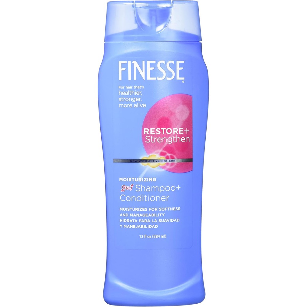 Finesse Restore and Strengthen Moisturizing 2 in 1 Shampoo and Conditioner 13 Ounce front view bottle