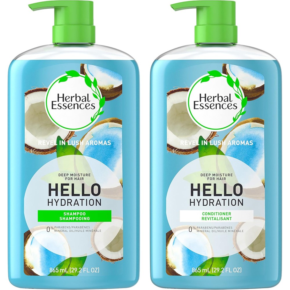 Herbal Essences Hello Hydration shampoo and conditioner bottles front view