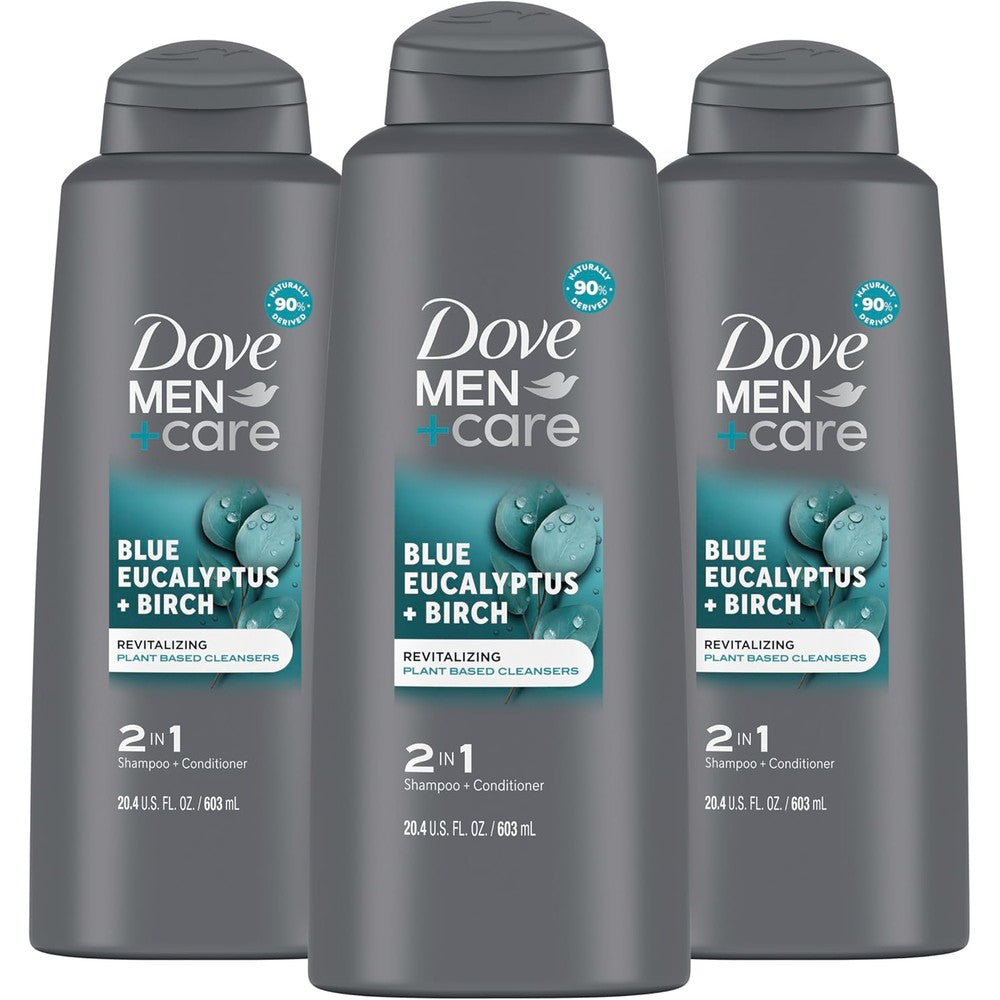 Dove Men Plus Care Eucalyptus and Birch 2-in-1 Shampoo and Conditioner 3-pack front view