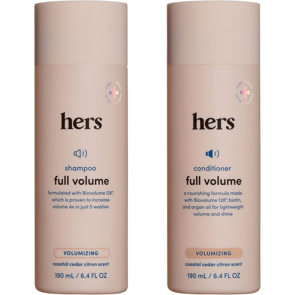 Hers Full Volume Shampoo and Conditioner set bottles front view