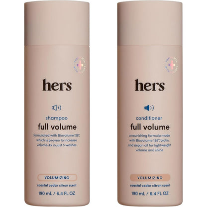 Hers Full Volume Shampoo and Conditioner set bottles front view