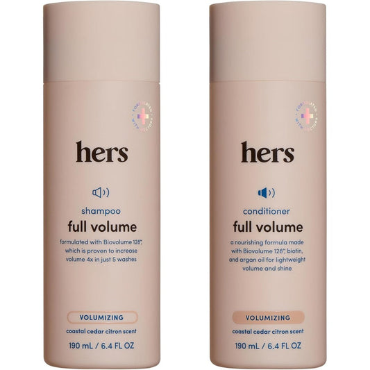 Hers Full Volume Shampoo and Conditioner set bottles front view