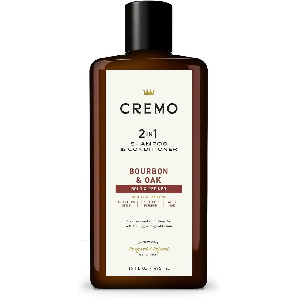 Cremo Bourbon and Oak 2-in-1 Shampoo and Conditioner front bottle view