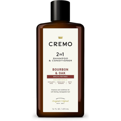 Cremo Bourbon and Oak 2-in-1 Shampoo and Conditioner front bottle view