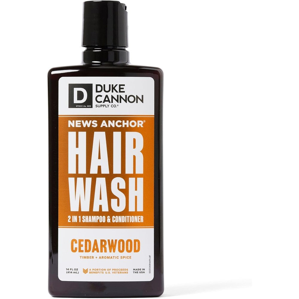 Duke Cannon News Anchor 2-in-1 Hair Wash Cedarwood 14 Ounce bottle front view
