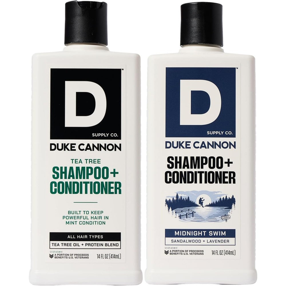Duke Cannon 2 in 1 Tea Tree and Midnight Swim hair wash front view