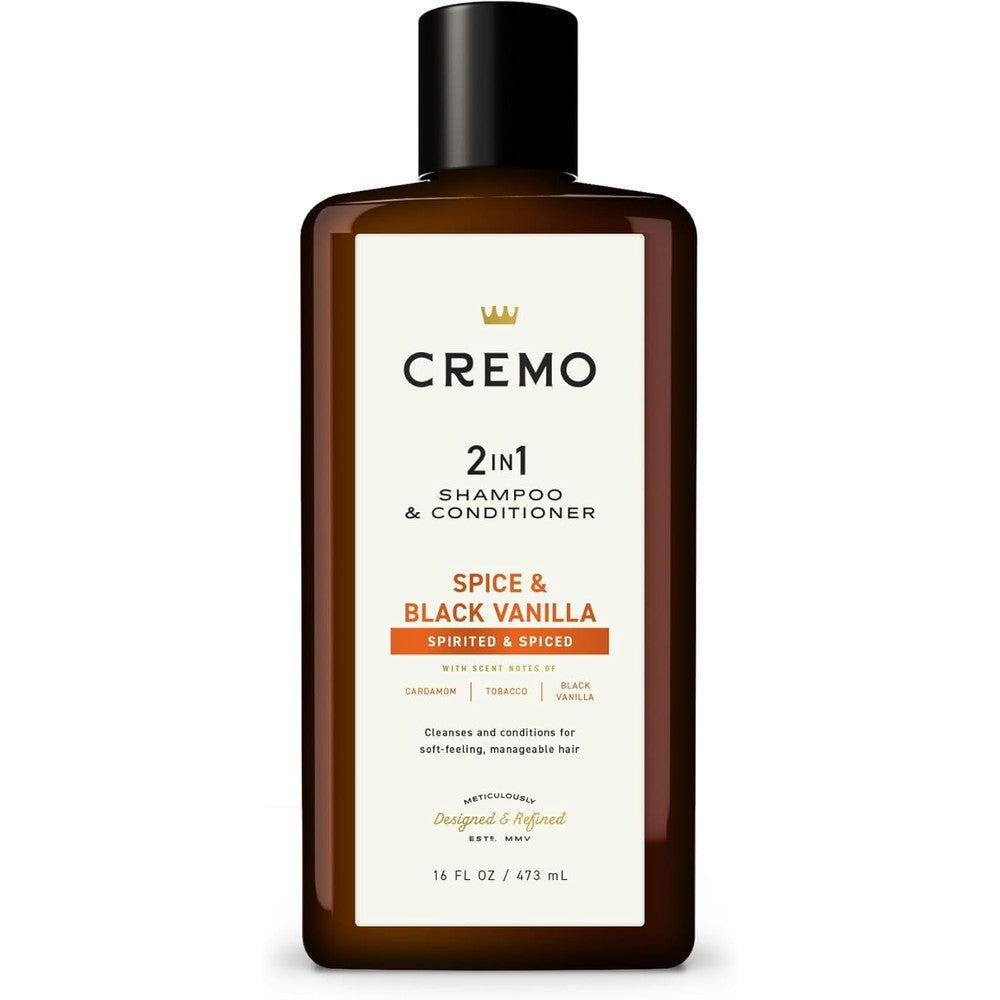 Cremo Spice and Black Vanilla 2-in-1 Shampoo and Conditioner front bottle view