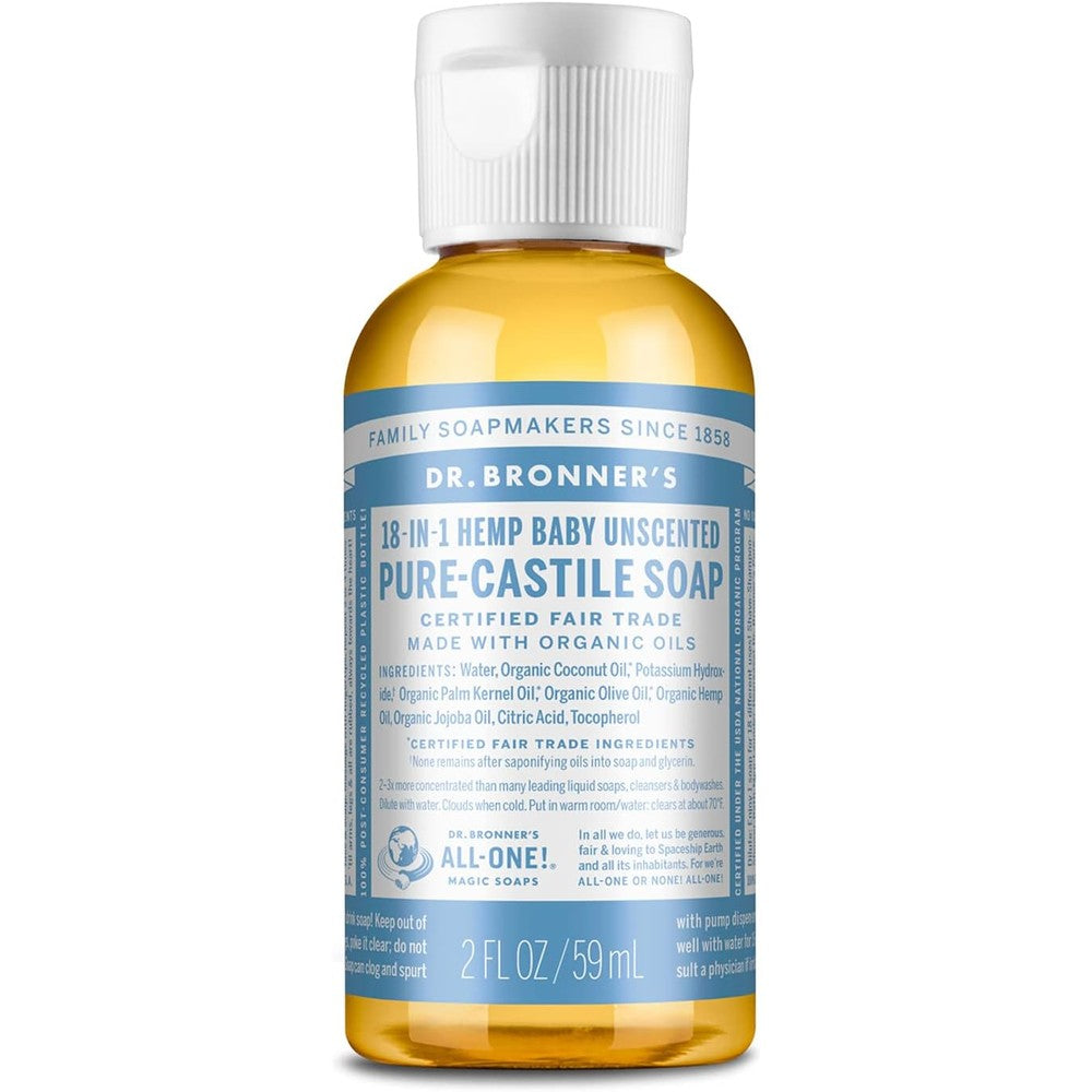 Dr. Bronner's Pure Castile Liquid Soap Baby Unscented two ounce front view authentic USA imported skincare