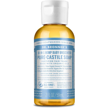 Dr. Bronner's Pure Castile Liquid Soap Baby Unscented two ounce front view authentic USA imported skincare