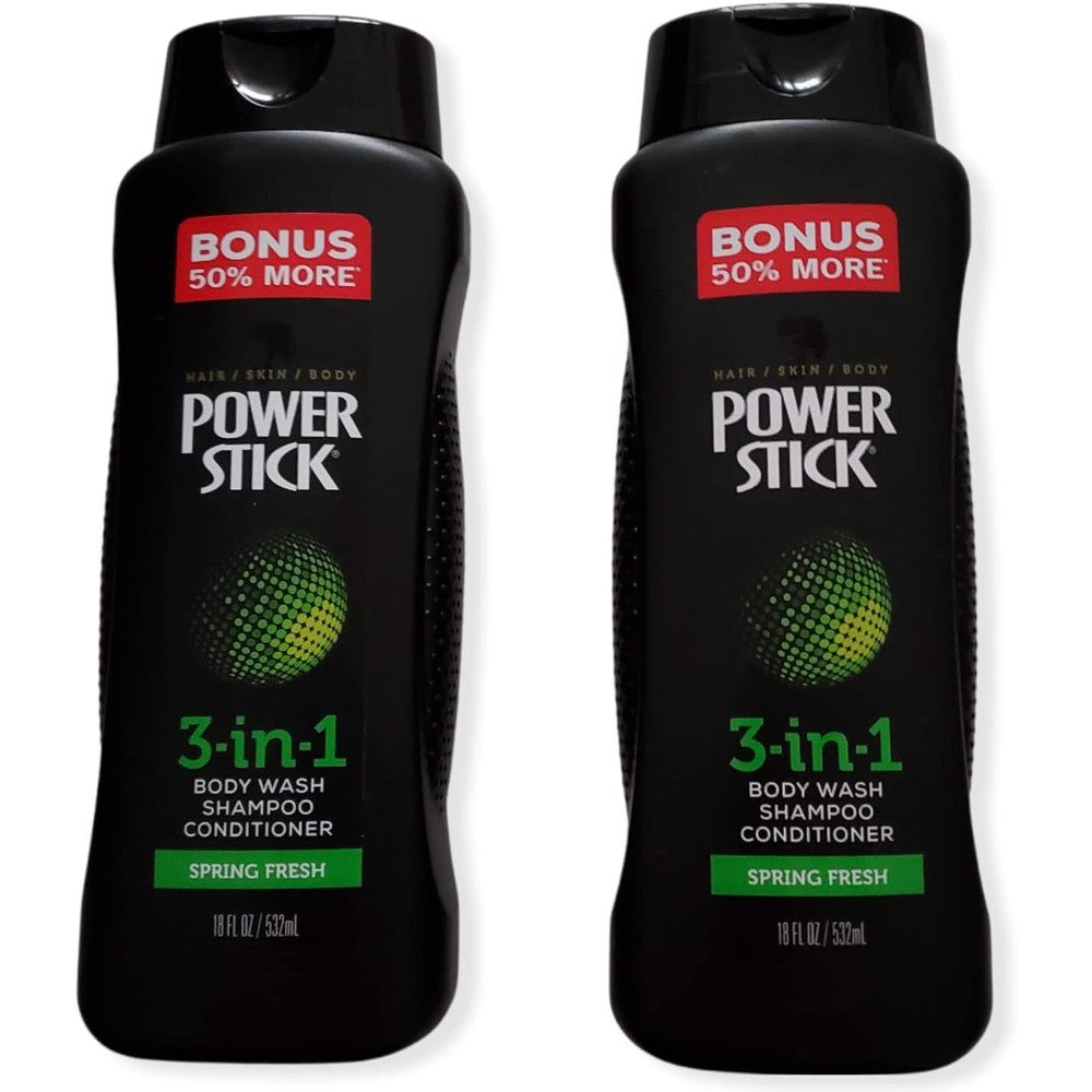 Power Stick 3 in 1 Spring Fresh Shampoo Conditioner Body Wash 2 Pack front view