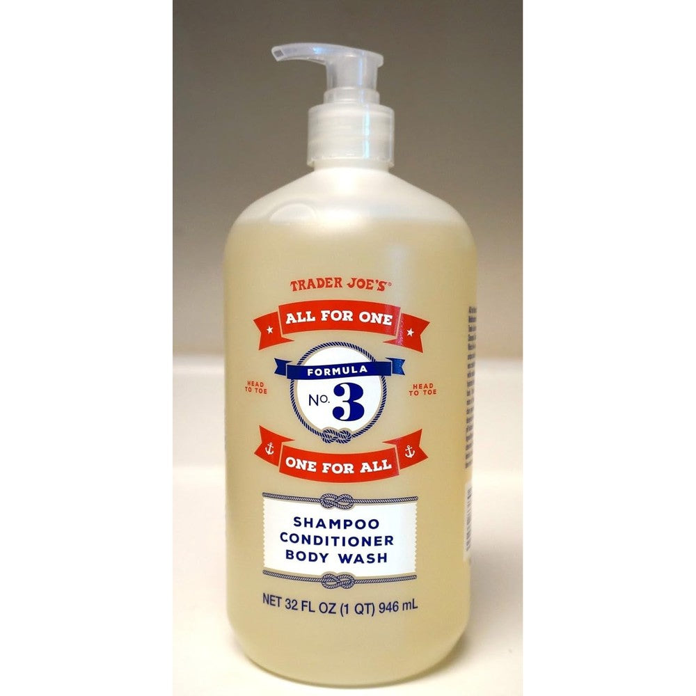 Trader Joe's Formula Number 3 All For One Shampoo, Conditioner, and Body Wash bottle front view