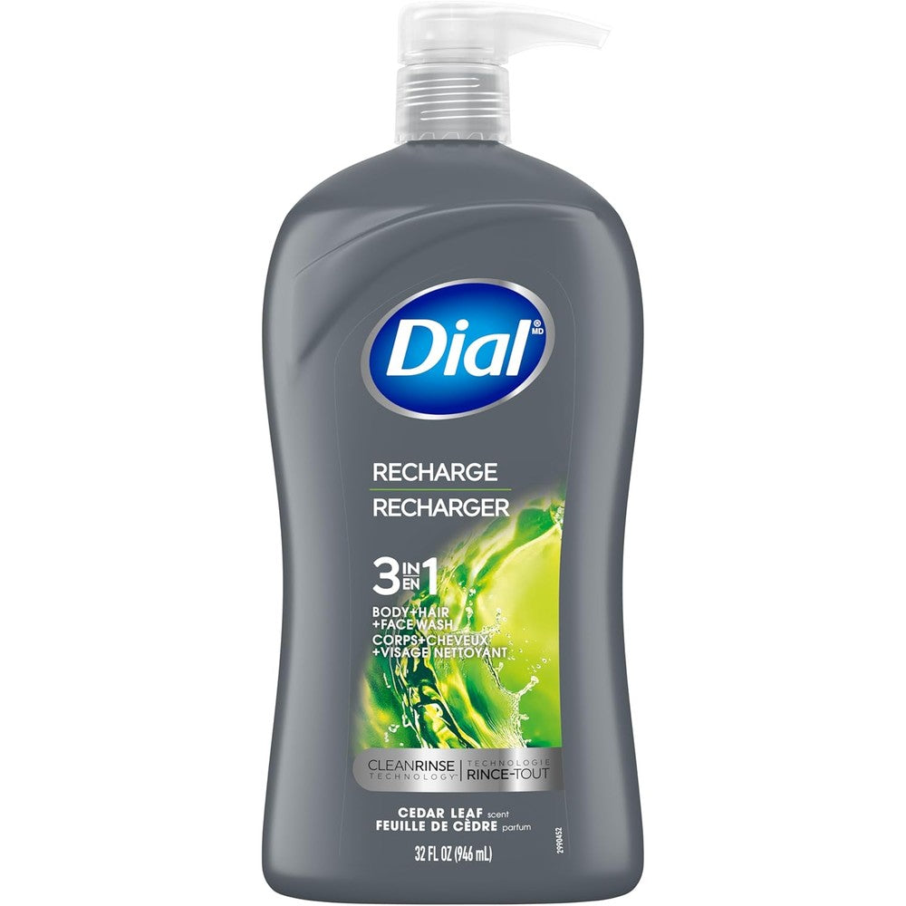 Dial Men Recharge 3-in-1 body hair and face wash front view bottle