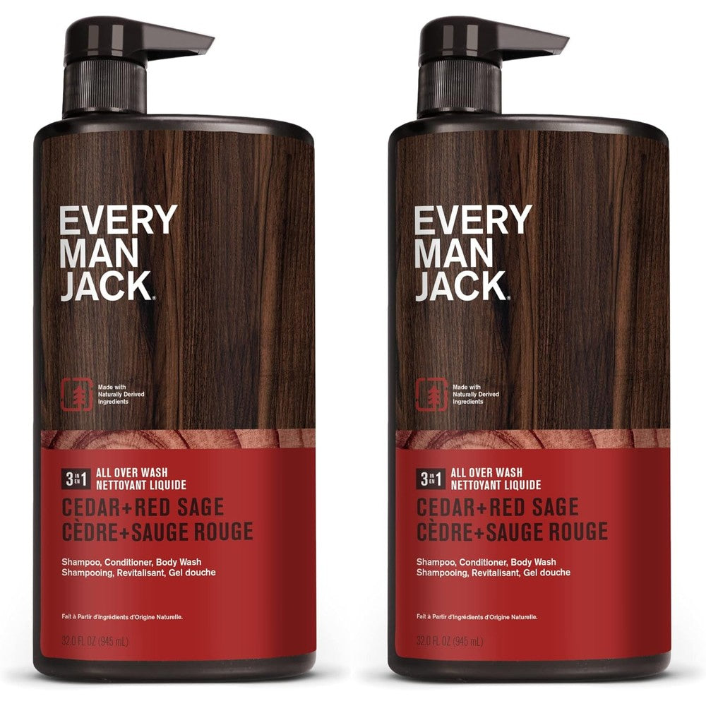 Every Man Jack Cedar and Red Sage 3 in 1 All Over Wash twin pack front view premium mens body wash