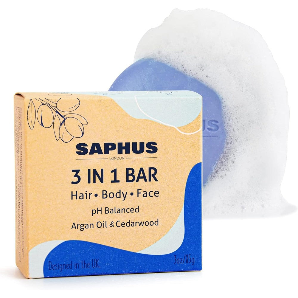 Saphus 3-in-1 shampoo bar front view packaging