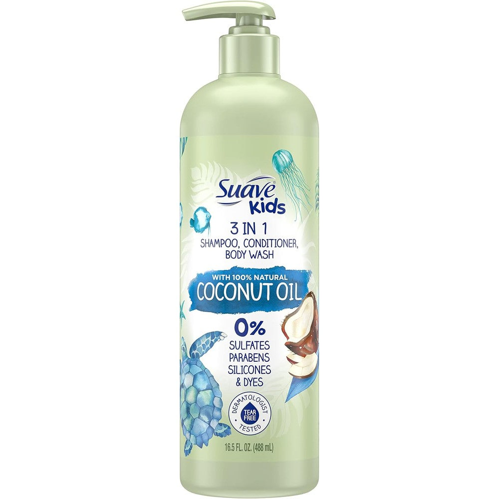 Suave Kids Naturals 3 in 1 Coconut Oil bottle front view for gentle kids bath care