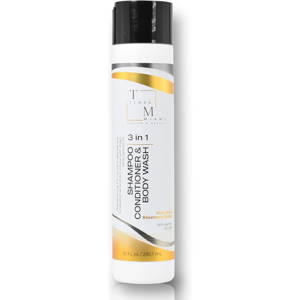 Temba Miami 3 in 1 shampoo conditioner body wash front view showing the 10 fluid ounces bottle.