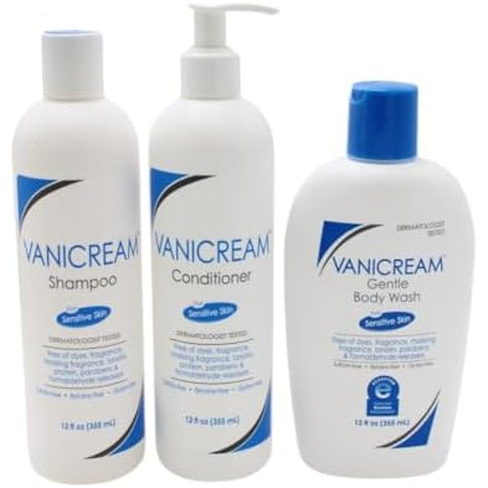 Vanicream Shampoo Conditioner and Gentle Body Wash three bottle set front view for sensitive skin care