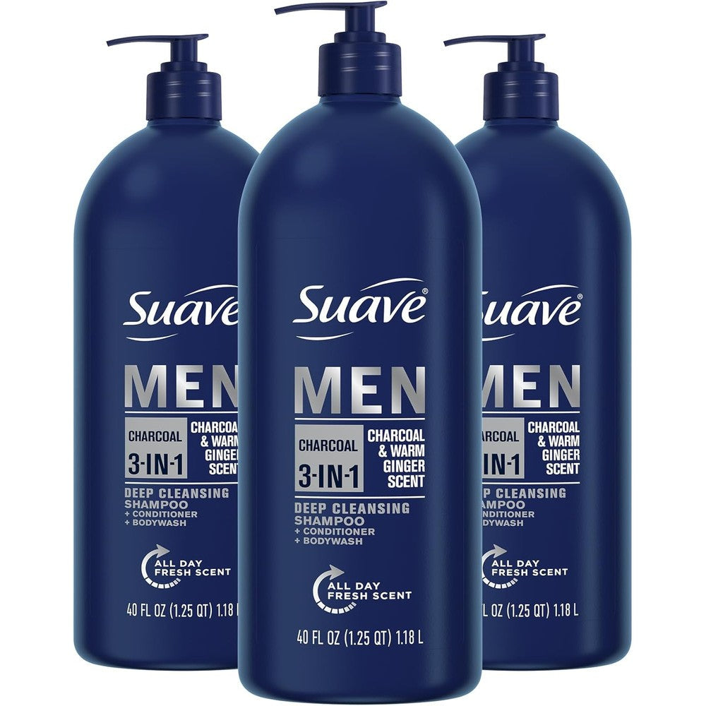 Suave Men 3-in-1 Charcoal and Warm Ginger Shampoo Conditioner Body Wash front view of the 40 Ounce pump bottle.
