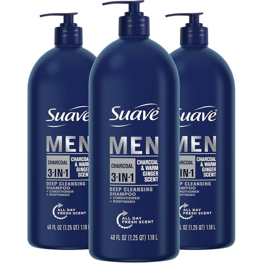 Suave Men 3-in-1 Charcoal and Warm Ginger Shampoo Conditioner Body Wash front view of the 40 Ounce pump bottle.