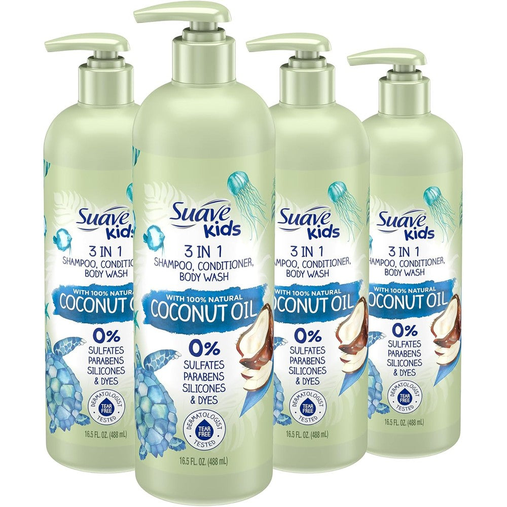 Suave Kids Natural Coconut Oil 3-in-1 tear free shampoo conditioner and body wash front view multipack