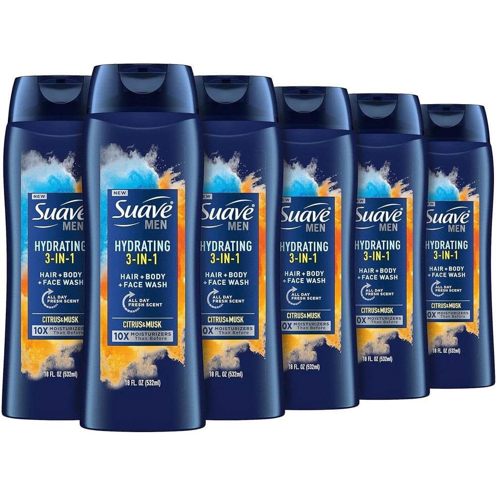 Suave Men Moisturizing 3 in 1 body face and hair wash front view showcasing imported packaging.