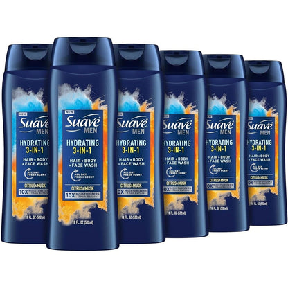 Suave Men Moisturizing 3 in 1 body face and hair wash front view showcasing imported packaging.