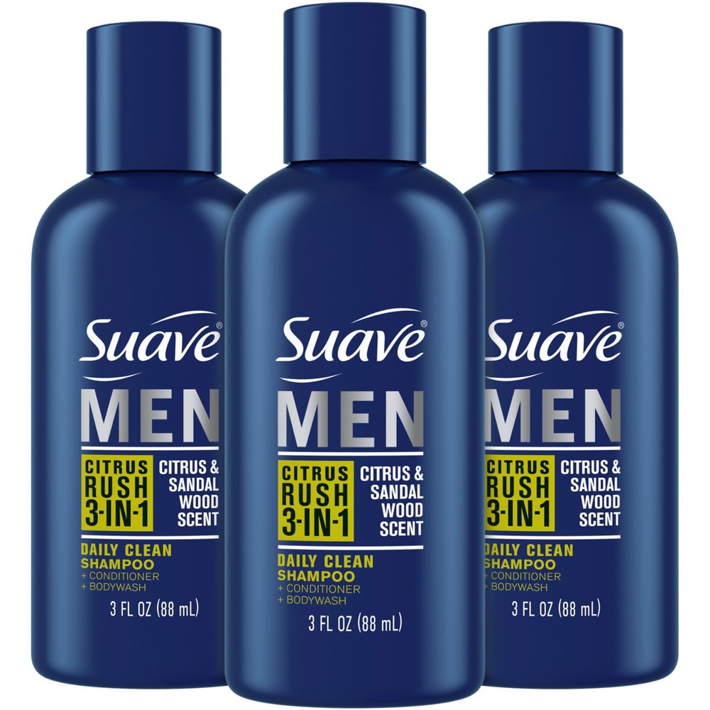 Suave Men 3-in-1 Citrus Rush travel size shampoo conditioner and body wash front view
