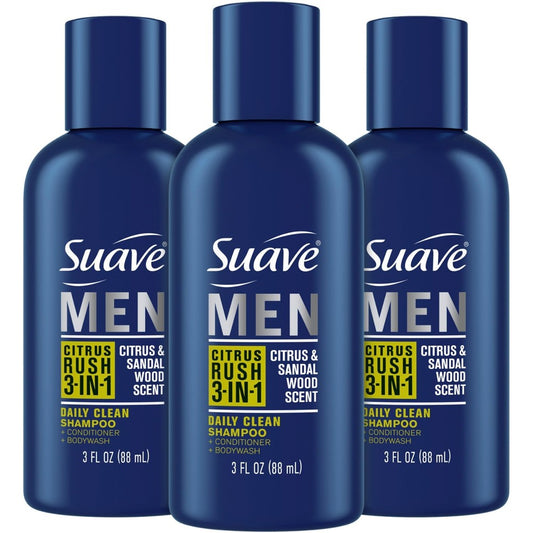 Suave Men 3-in-1 Citrus Rush travel size shampoo conditioner and body wash front view