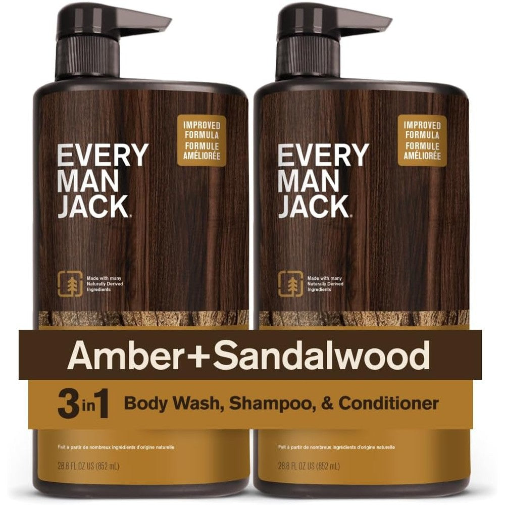 Every Man Jack Amber and Sandalwood 3 in 1 All Over Wash front view twin pack for men