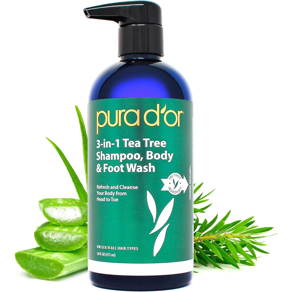 PURA DOR Three In One Tea Tree Shampoo Body And Foot Wash front view showcasing product bottle.
