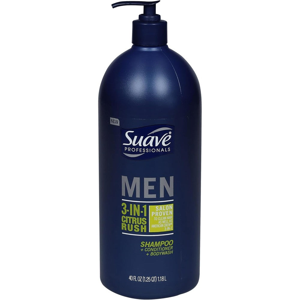 Suave Men 3 In 1 Citrus Rush 40 Fluid Ounce front view bottle showcasing the all-in-one daily clean formula