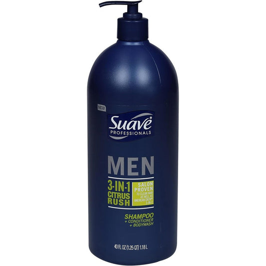 Suave Men 3 In 1 Citrus Rush 40 Fluid Ounce front view bottle showcasing the all-in-one daily clean formula