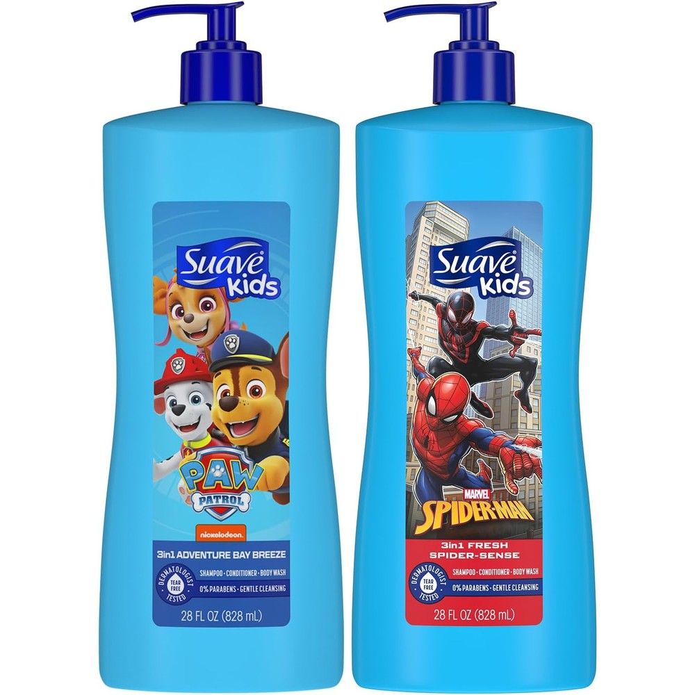Suave Kids 3-in-1 Variety Pack front view showing Spiderman and Paw Patrol bottles