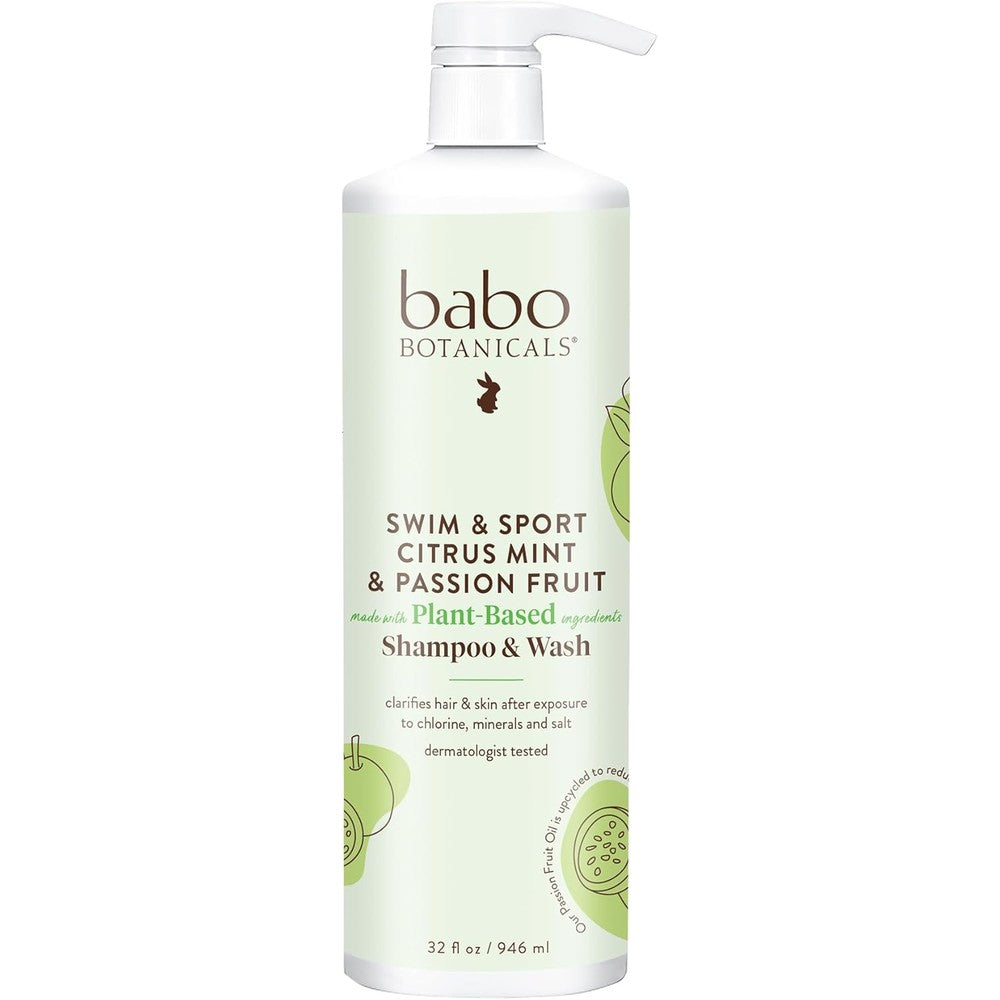 Babo Botanicals Swim and Sport Citrus Mint Shampoo and Wash front view bottle for clarifying chlorine.