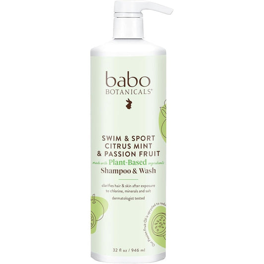 Babo Botanicals Swim and Sport Citrus Mint Shampoo and Wash front view bottle for clarifying chlorine.