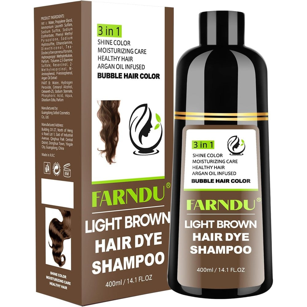 Farndu light brown hair dye shampoo front view bottle showing 3 in 1 herbal formula.