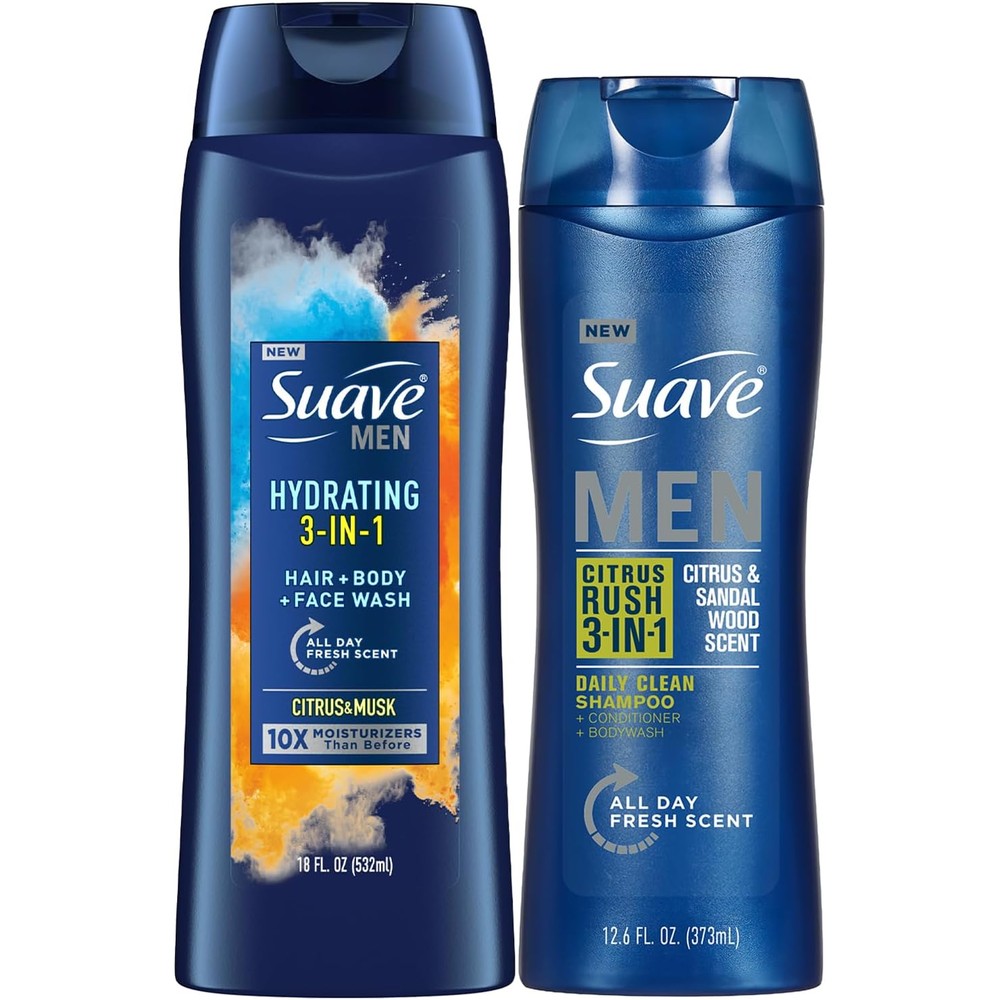 Suave Men 3-in-1 Variety 2-Pack front view showing Hydrating and Citrus Rush bottles.
