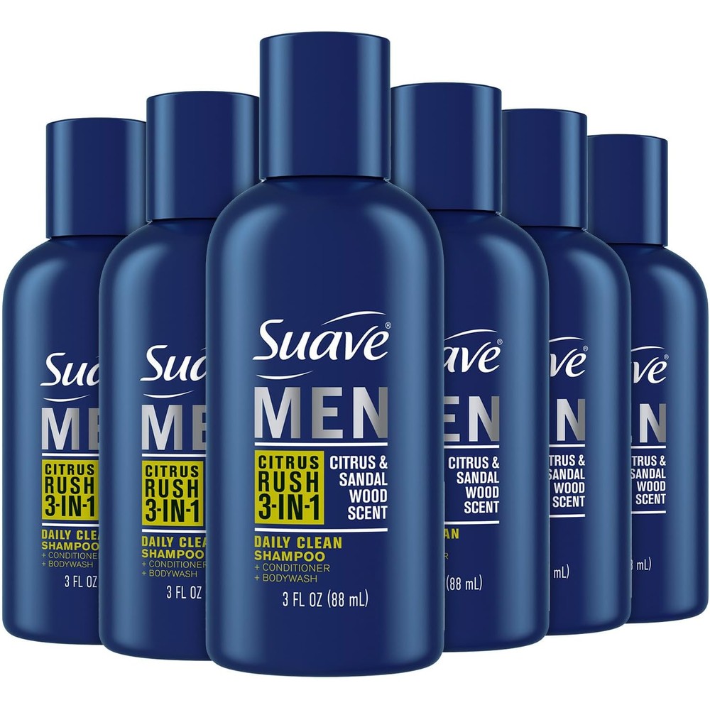 Suave Men Three In One Shampoo Conditioner Body Wash Citrus Rush front view showing six pack bottles.