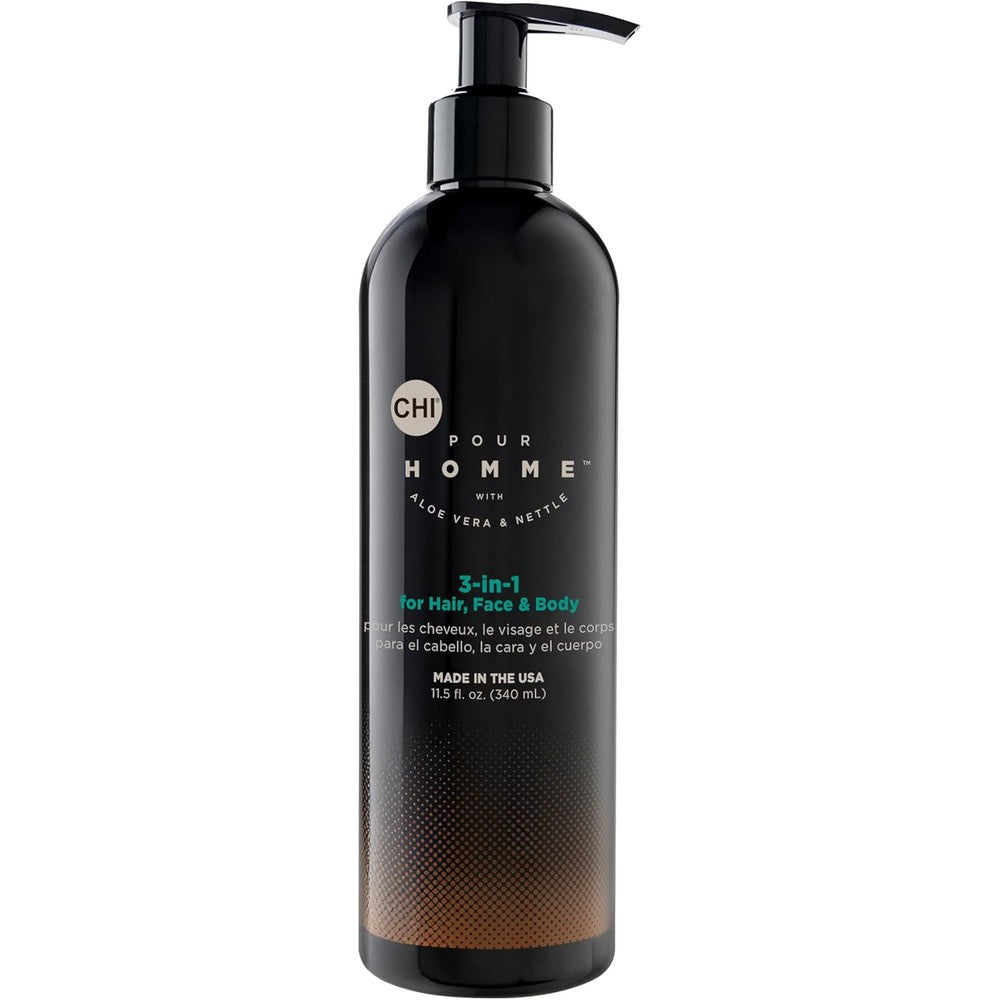 CHI Pour Homme Three In One Cleansing Hair Face and Body Wash front view pump bottle