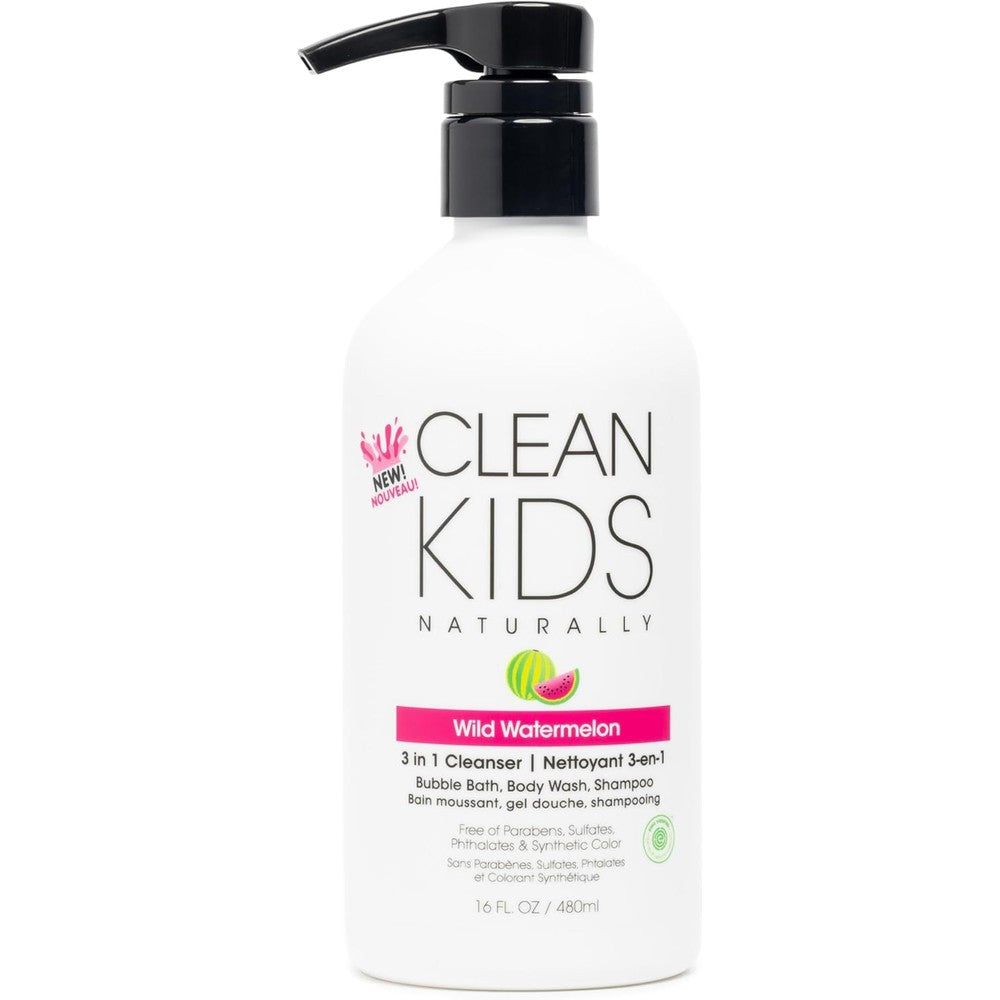 Clean Kids Naturally Wild Watermelon 3-in-1 Shampoo front view of bottle