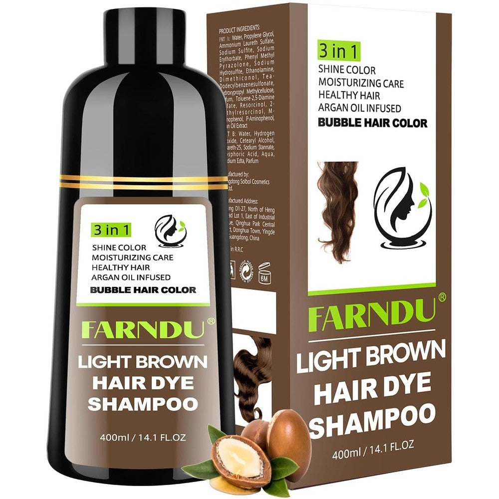 Farndu light brown hair dye shampoo bottle front view for instant gray coverage.