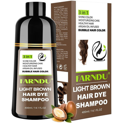 Farndu light brown hair dye shampoo bottle front view for instant gray coverage.