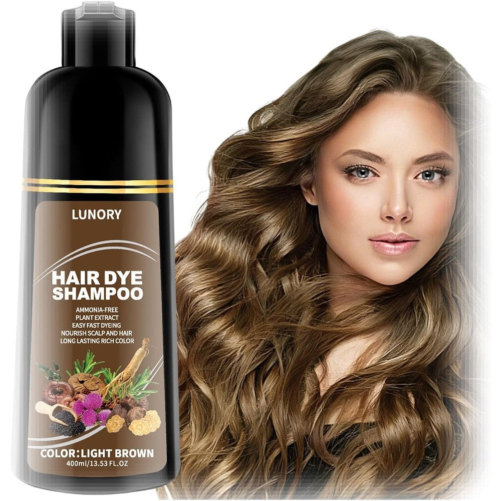 Agthyuve Lunory Light Brown Hair Dye Shampoo 400ml bottle front view showing gray coverage benefit.