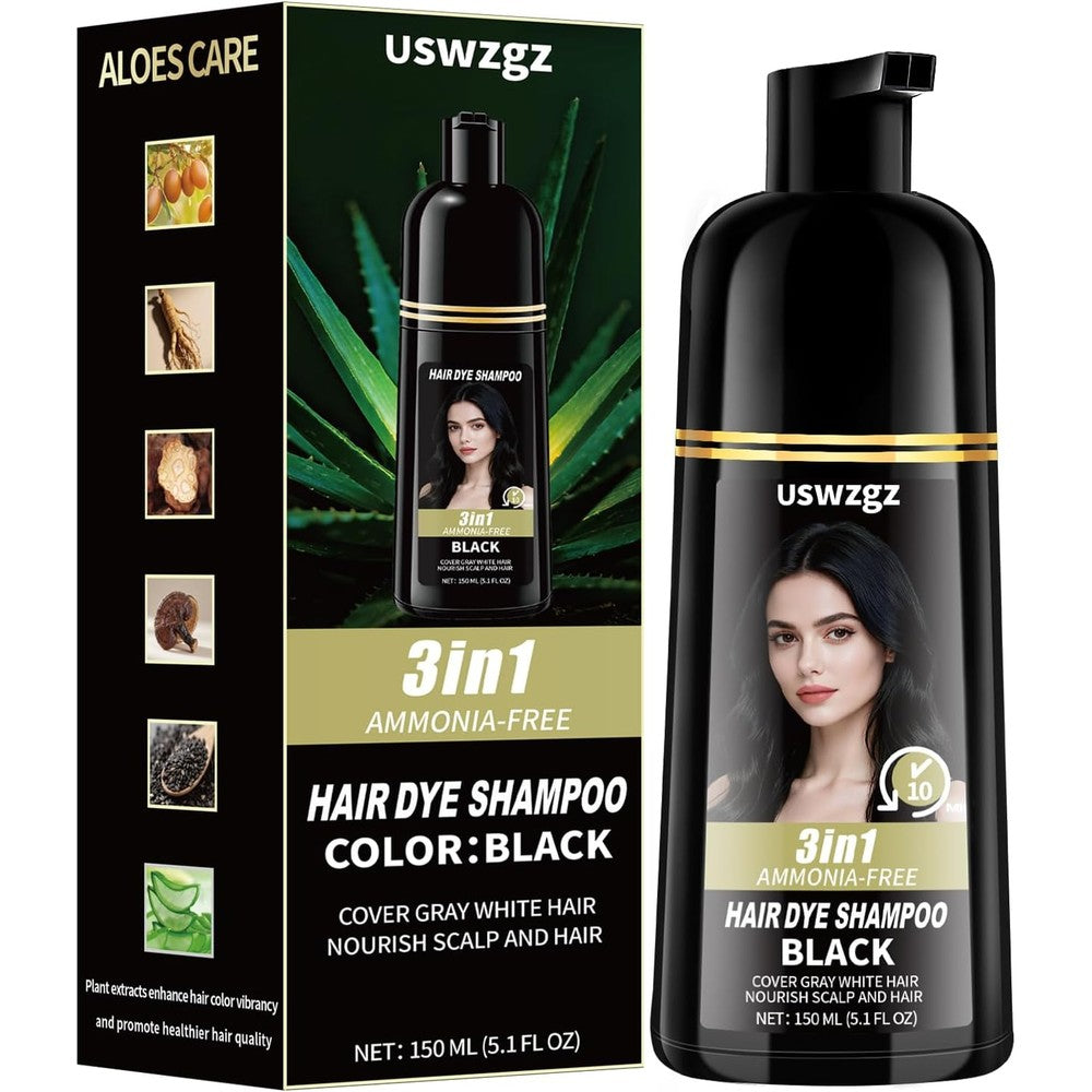 Generic 3 in 1 black hair dye shampoo front view bottle for natural gray coverage