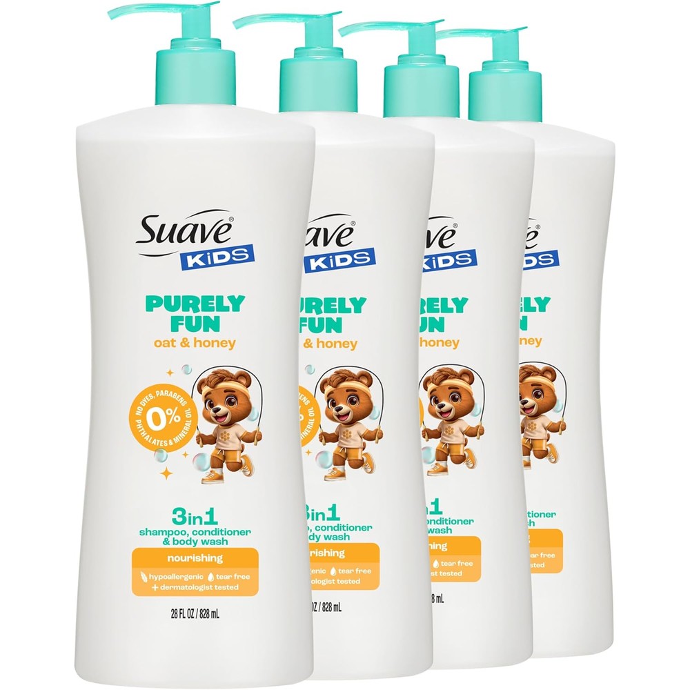 Suave Kids Purely Fun 3 in 1 shampoo conditioner body wash front view showing oat and honey infusion