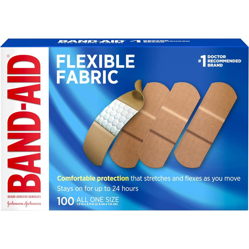 Band-Aid Brand Flexible Fabric Adhesive Bandages front view box of one hundred count first aid strips